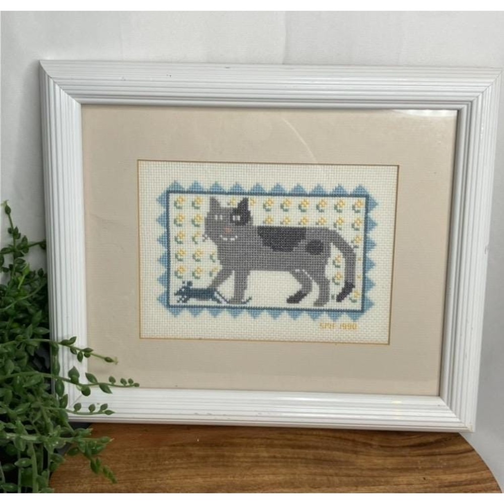 Vintage Framed Cat Cross Stitch Embroidery Art 1990 Whimsical Folk Style 12x10"